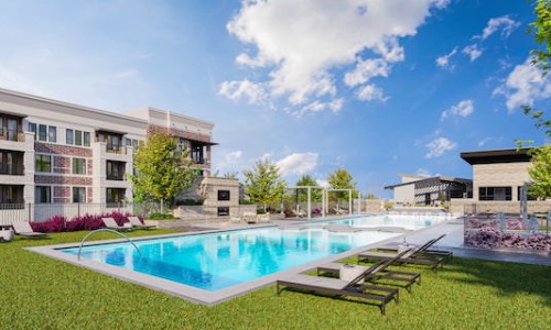 Resort style pool, outdoor fireplace