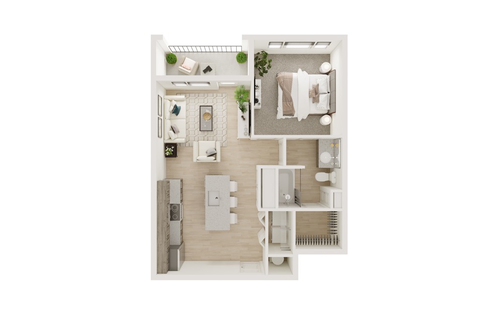 A1 - 1 bedroom floorplan layout with 1 bath and 639 square feet. (3D)