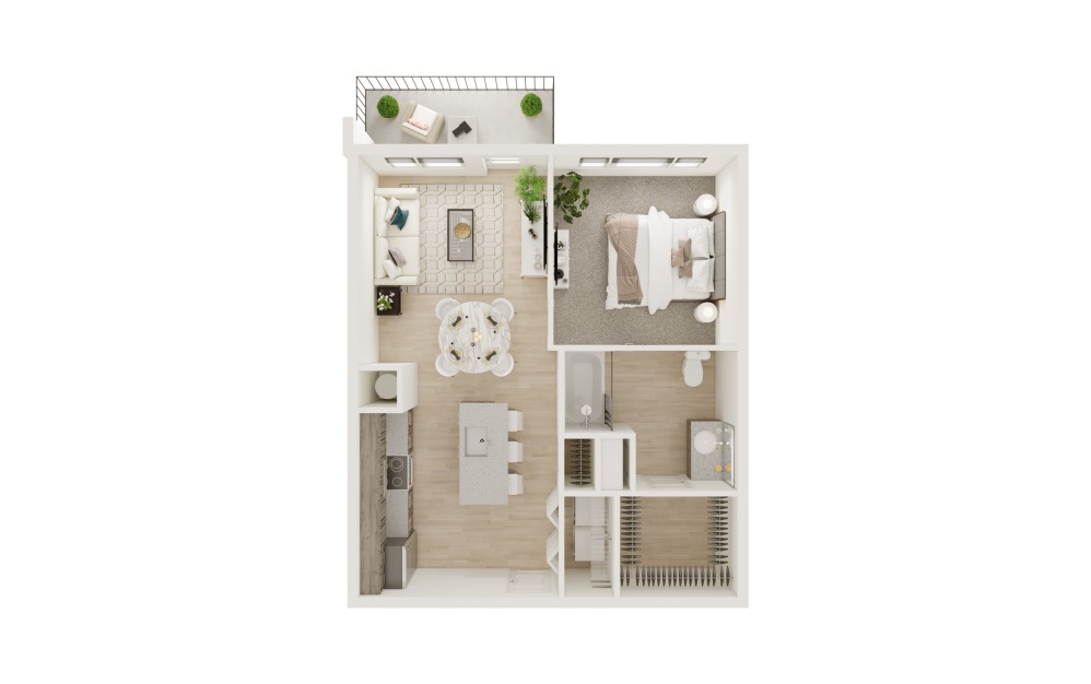 A2-ALT - 1 bedroom floorplan layout with 1 bathroom and 672 square feet (3D)