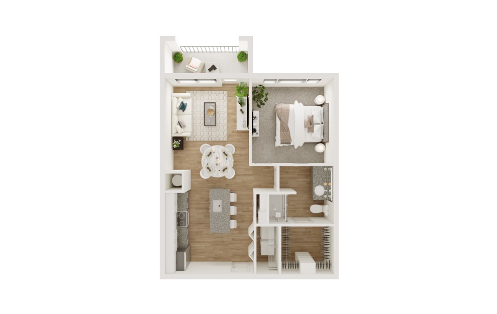 A2S - 1 bedroom floorplan layout with 1 bath and 672 square feet. (3D)