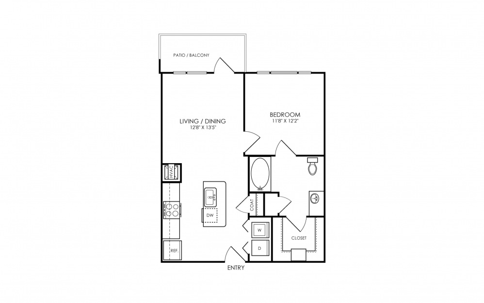 A2-ALT - 1 bedroom floorplan layout with 1 bath and 672 square feet. (2D)