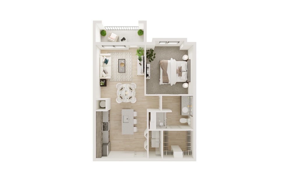 A3S - 1 bedroom floorplan layout with 1 bath and 680 square feet. (3D)