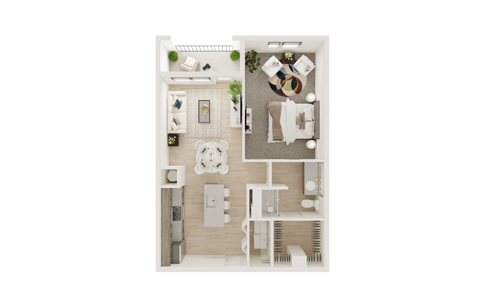 A7S - 1 bedroom floorplan layout with 1 bath and 733 square feet. (3D)