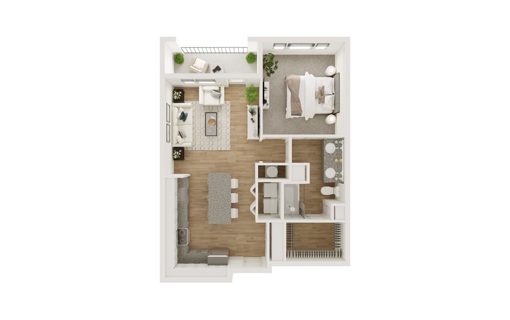 A8 - 1 bedroom floorplan layout with 1 bathroom and 747 square feet (3D)