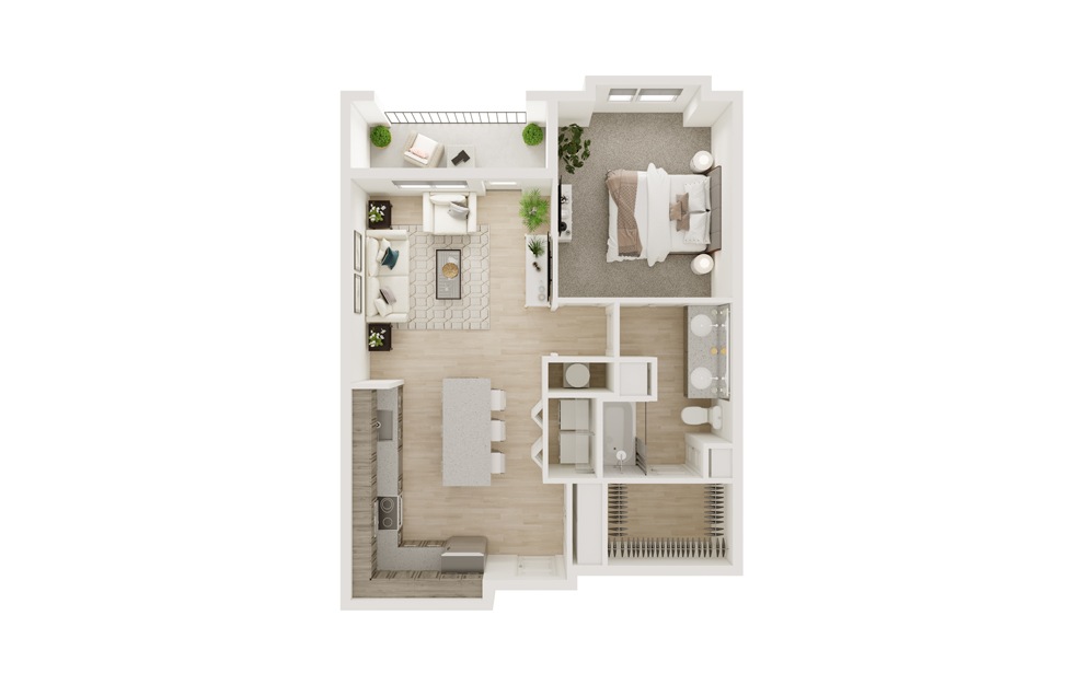 A9 - 1 bedroom floorplan layout with 1 bath and 755 square feet. (3D)