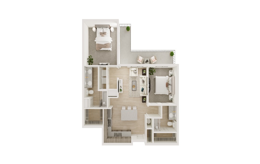 B1 - 2 bedroom floorplan layout with 2 baths and 1020 square feet. (3D)