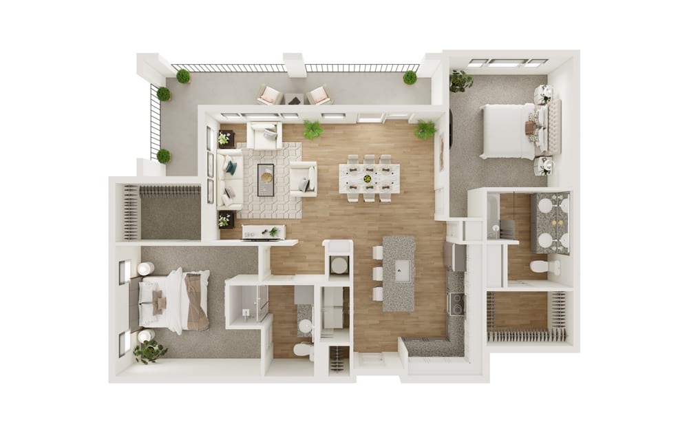 B10 - 2 bedroom floorplan layout with 2 bathrooms and 1269 square feet (3D)