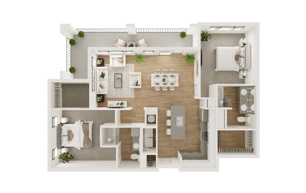 B10 - 2 bedroom floorplan layout with 2 baths and 1269 square feet. (3D)