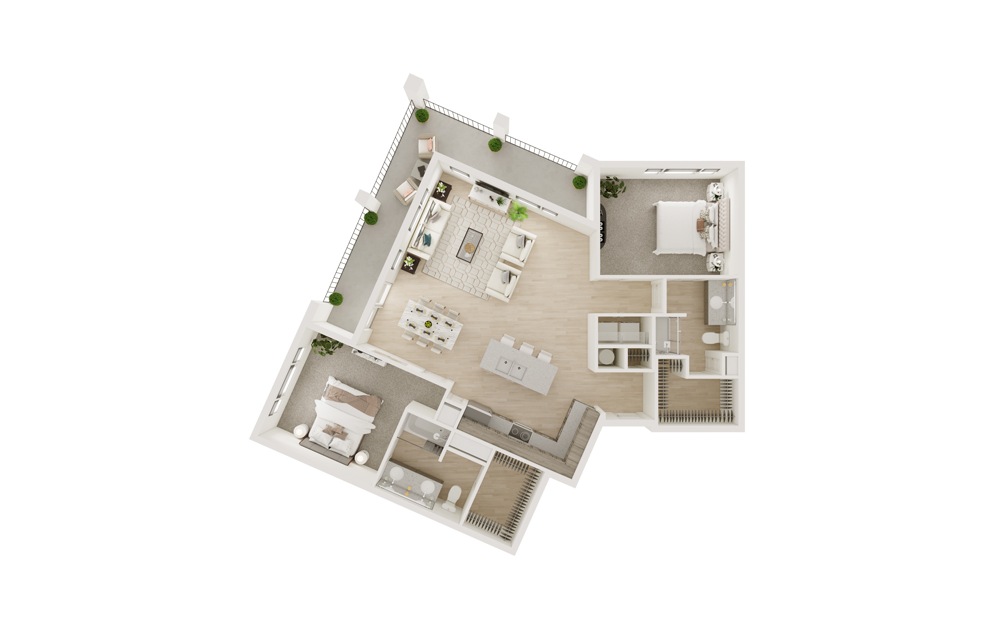 B11 - 2 bedroom floorplan layout with 2 baths and 1355 square feet. (3D)