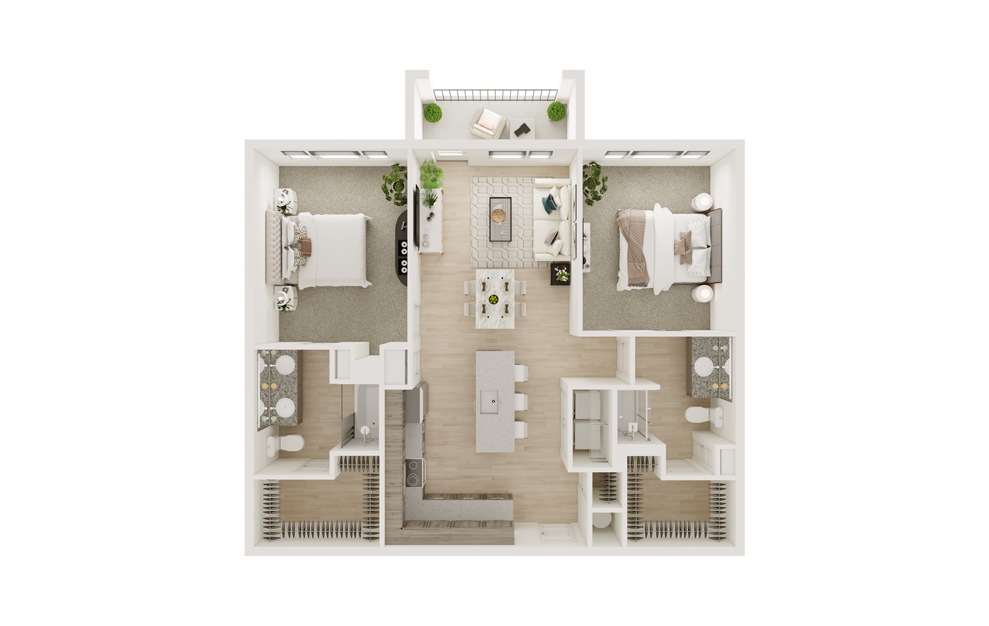 B2 - 2 bedroom floorplan layout with 2 baths and 1080 square feet. (3D)