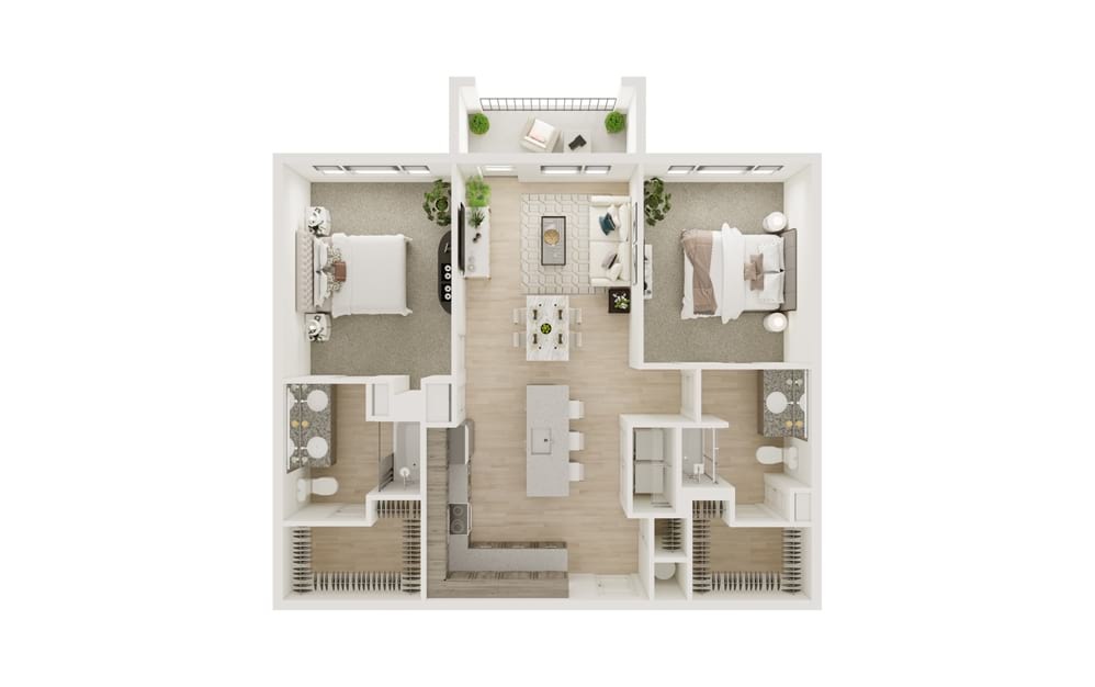 B2 - 2 bedroom floorplan layout with 2 bathrooms and 1080 square feet (3D)