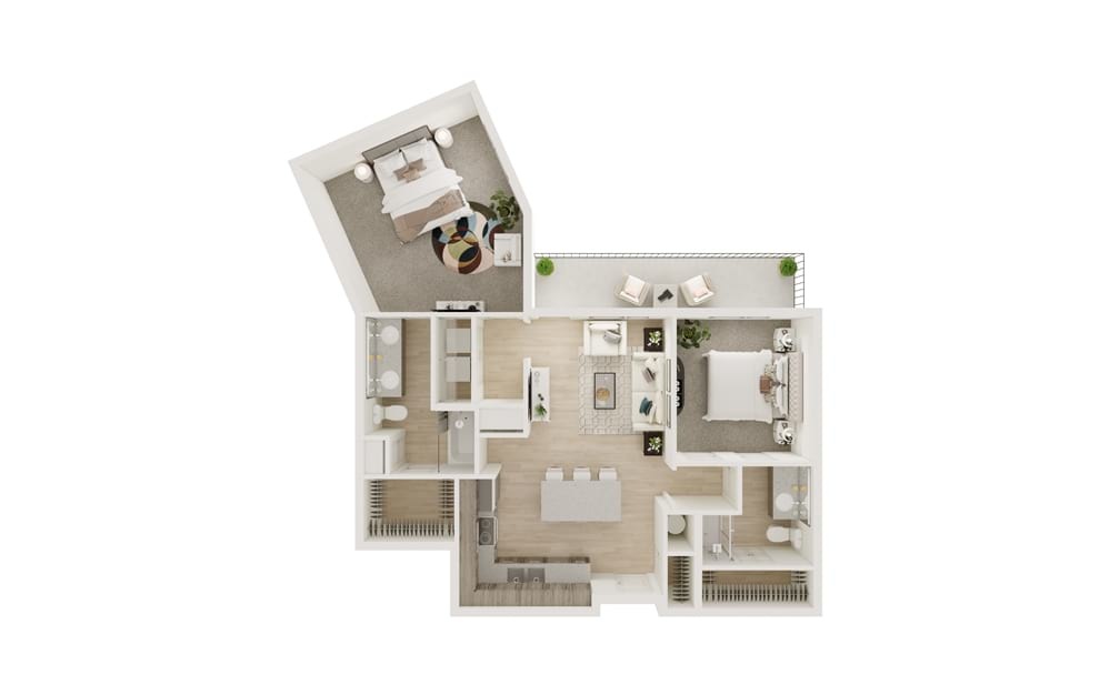 B3 - 2 bedroom floorplan layout with 2 bathrooms and 1081 square feet (3D)