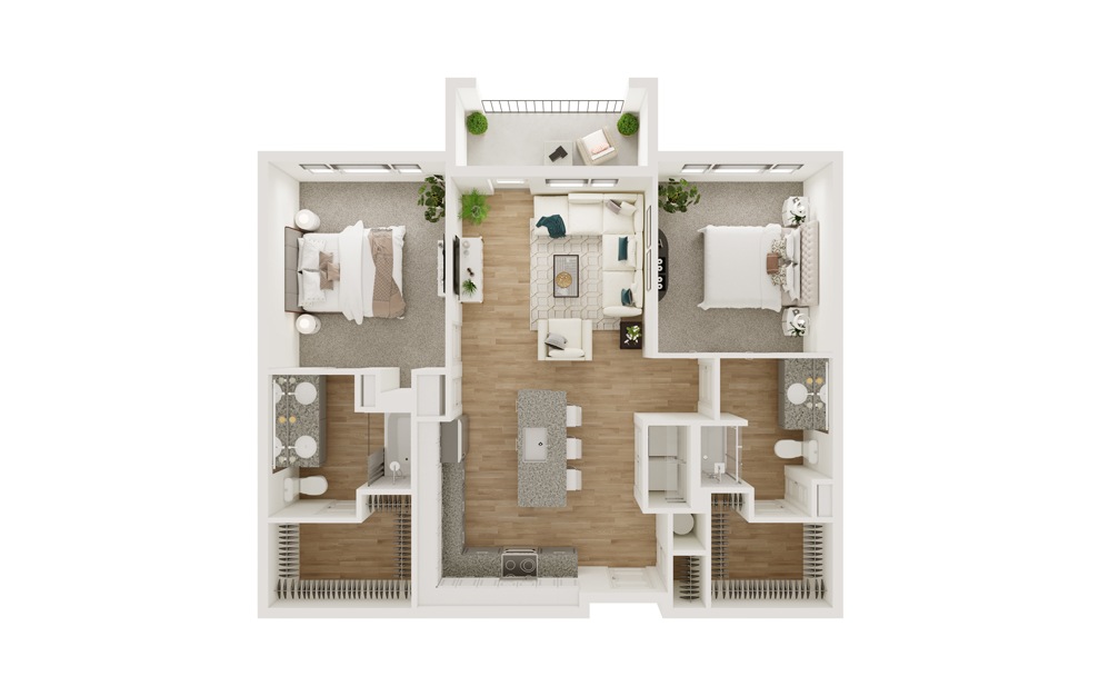 B4 - 2 bedroom floorplan layout with 2 baths and 1107 square feet. (3D)