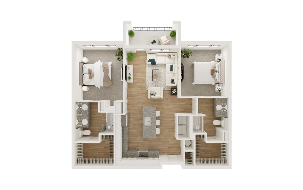 B4 - 2 bedroom floorplan layout with 2 bathrooms and 1107 square feet (3D)