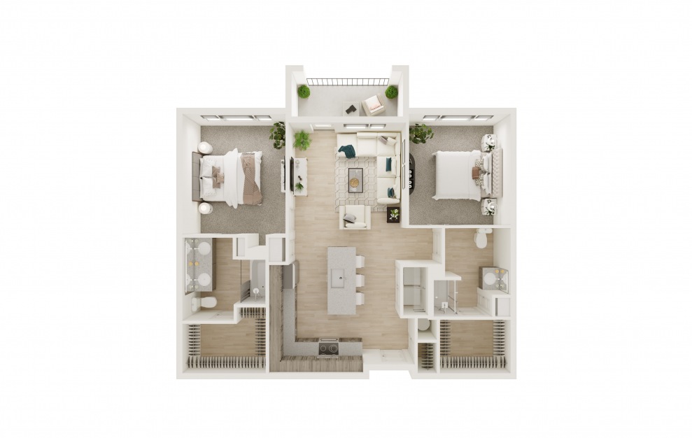 B4-ALT - 2 bedroom floorplan layout with 2 baths and 1107 square feet. (3D)