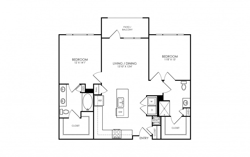 B4-ALT - 2 bedroom floorplan layout with 2 baths and 1107 square feet. (2D)