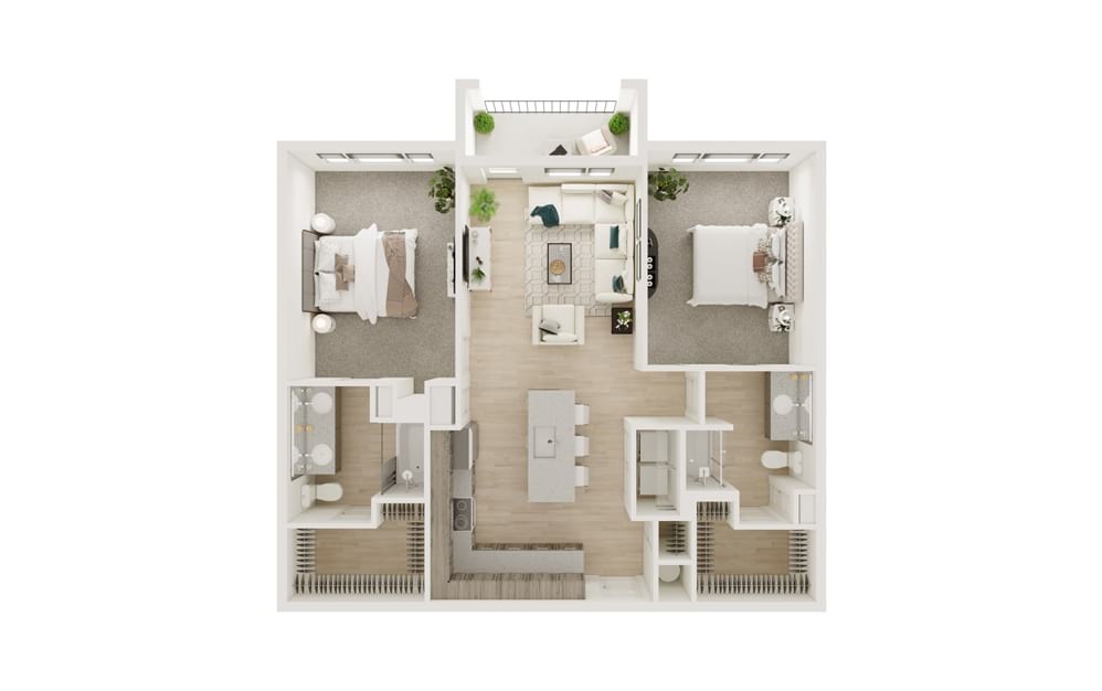 B5 - 2 bedroom floorplan layout with 2 bathrooms and 1120 square feet (3D)