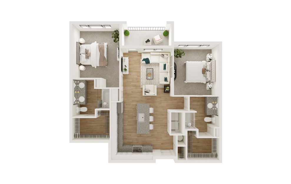 B6 - 2 bedroom floorplan layout with 2 baths and 1121 square feet. (3D)