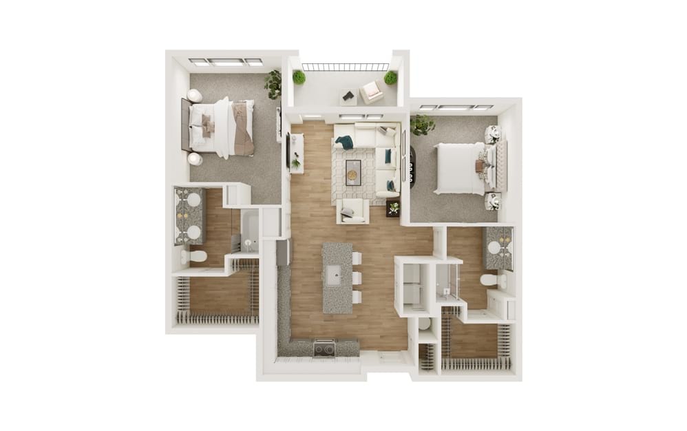 B6 - 2 bedroom floorplan layout with 2 bathrooms and 1121 square feet (3D)