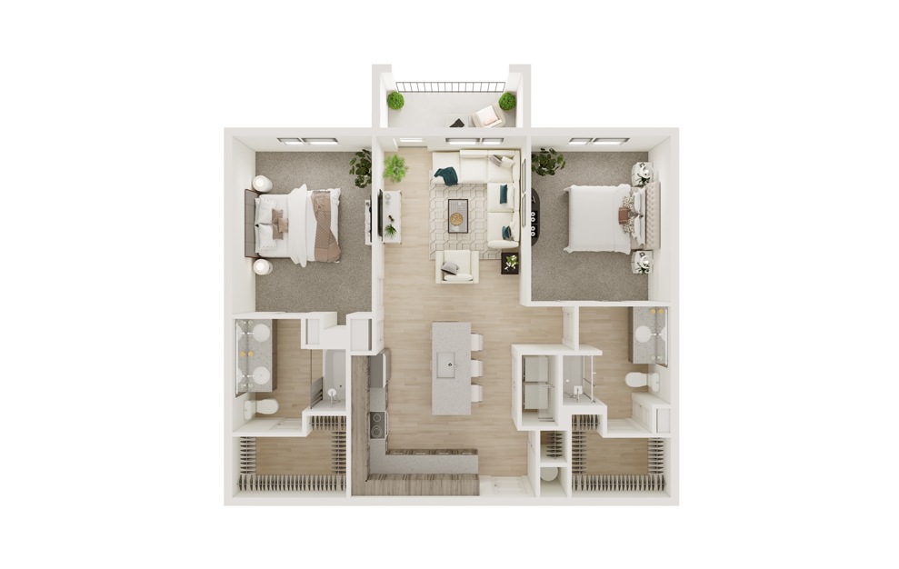 B7 - 2 bedroom floorplan layout with 2 baths and 1166 square feet. (3D)