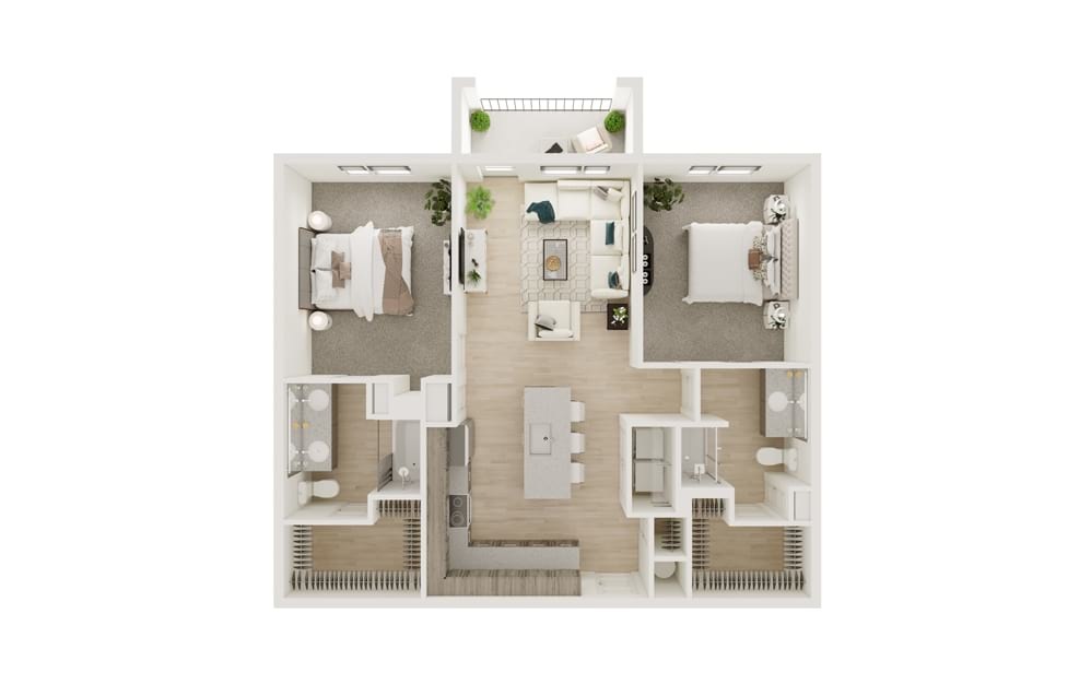 B7 - 2 bedroom floorplan layout with 2 bathrooms and 1166 square feet (3D)