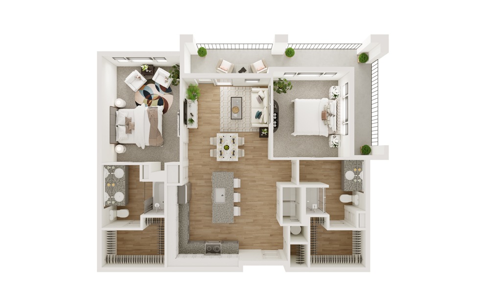 B8 - 2 bedroom floorplan layout with 2 baths and 1166 square feet. (3D)