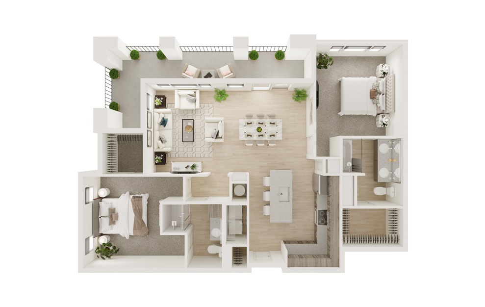 B9 - 2 bedroom floorplan layout with 2 baths and 1250 square feet. (3D)