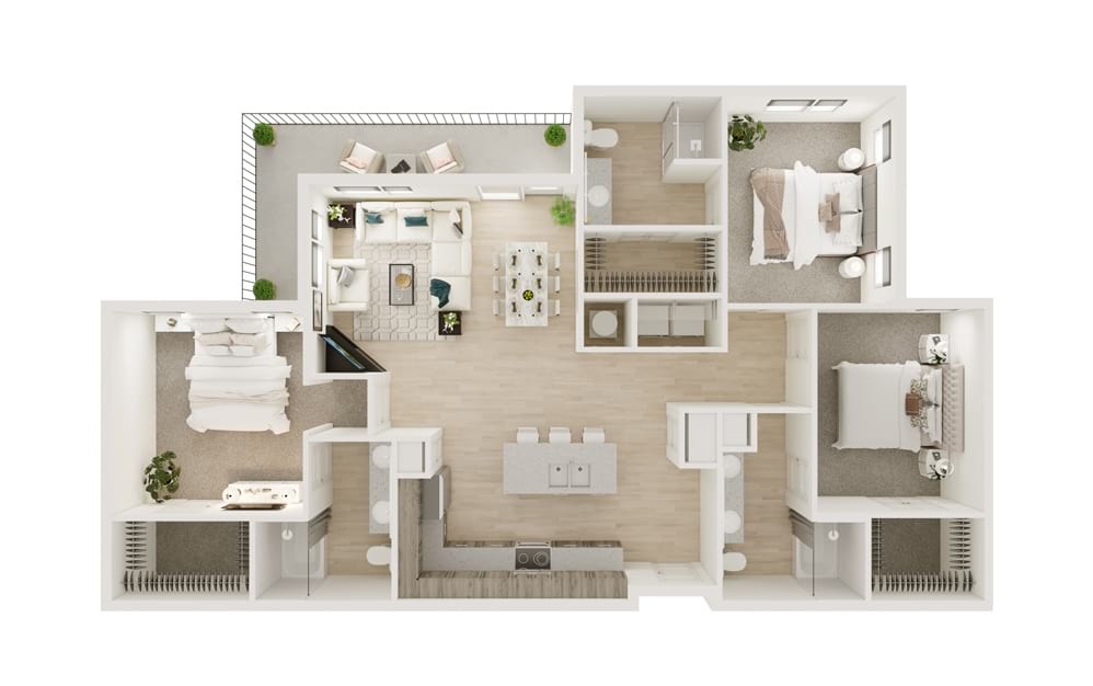 C1 - 3 bedroom floorplan layout with 3 bathrooms and 1452 square feet (3D)