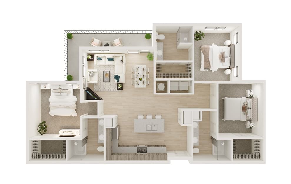 C1 - 3 bedroom floorplan layout with 3 baths and 1452 square feet. (3D)