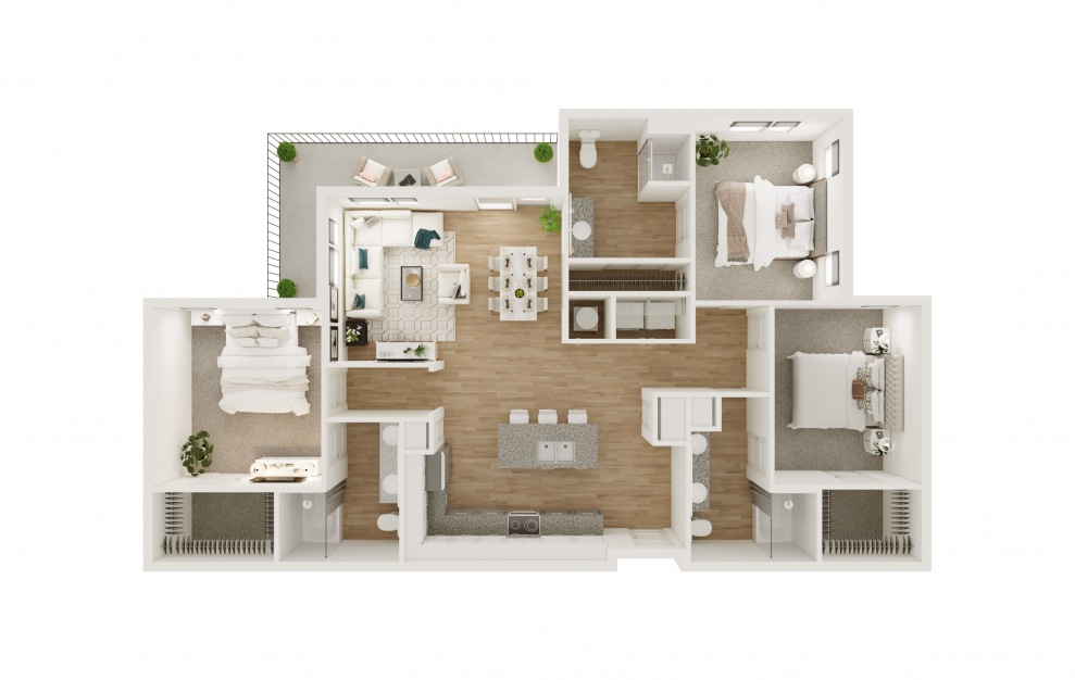 C1-ALT - 3 bedroom floorplan layout with 3 baths and 1452 square feet. (3D)