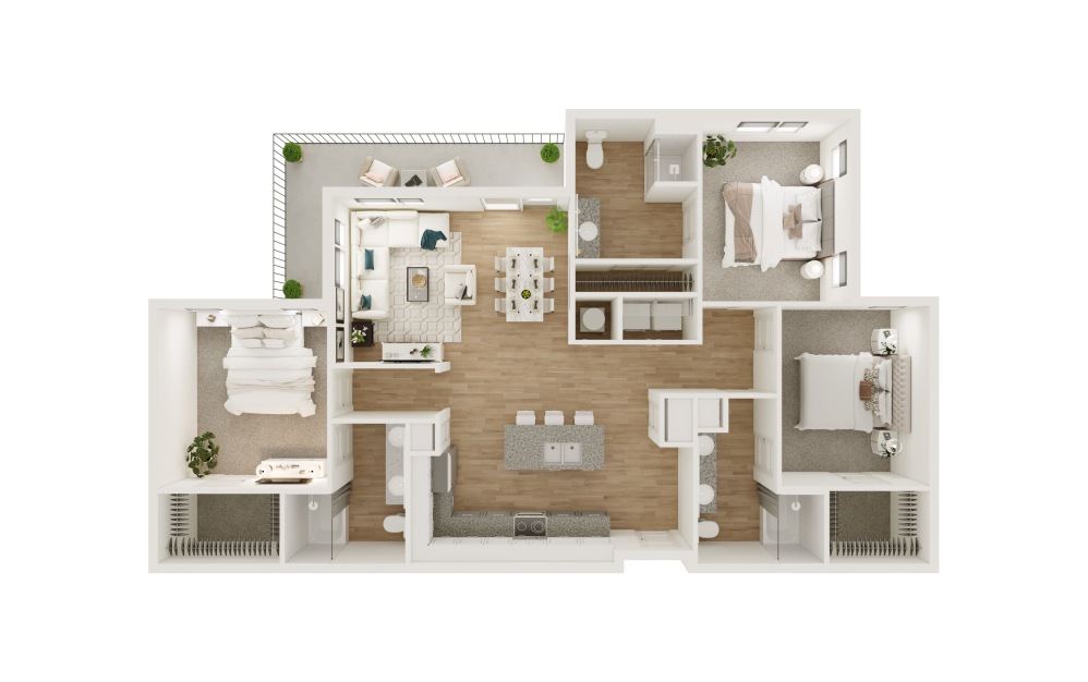 C1-ALT - 3 bedroom floorplan layout with 3 bathrooms and 1452 square feet (3D)