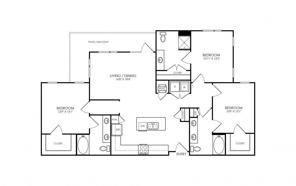 C1-ALT - 3 bedroom floorplan layout with 3 baths and 1452 square feet. (2D)