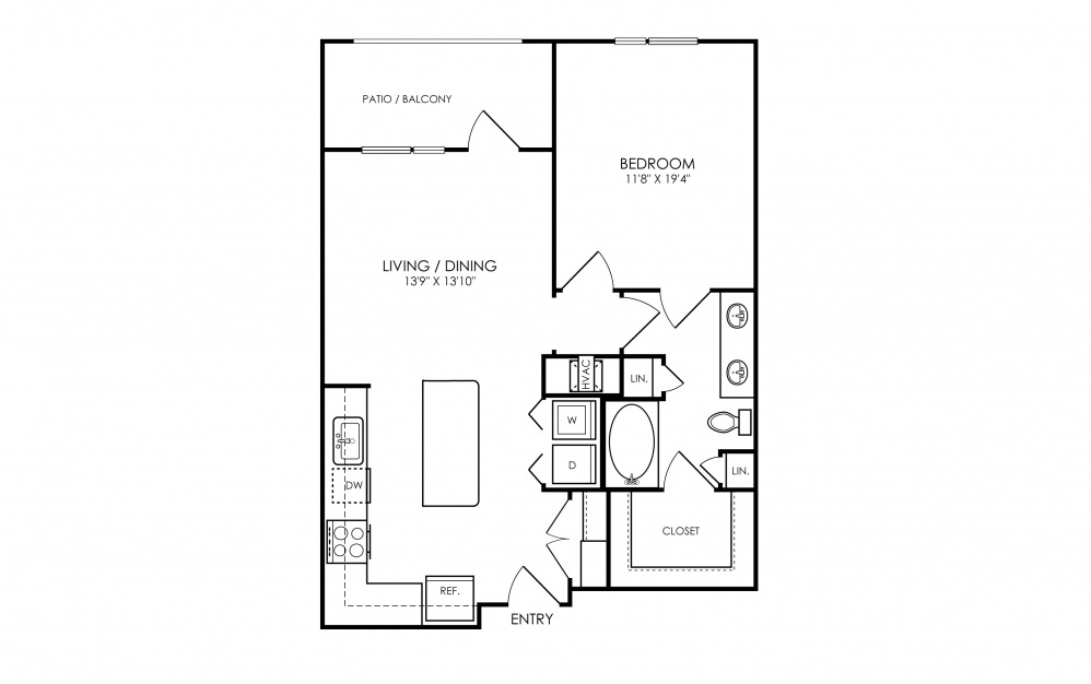 A10 - 1 bedroom floorplan layout with 1 bath and 763 square feet.