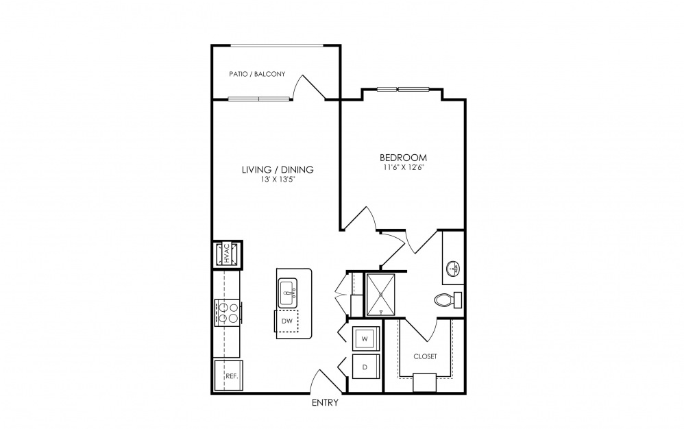 A3S - 1 bedroom floorplan layout with 1 bath and 680 square feet. (2D)
