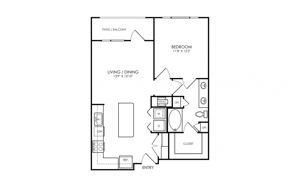 A8 - 1 bedroom floorplan layout with 1 bath and 747 square feet.	