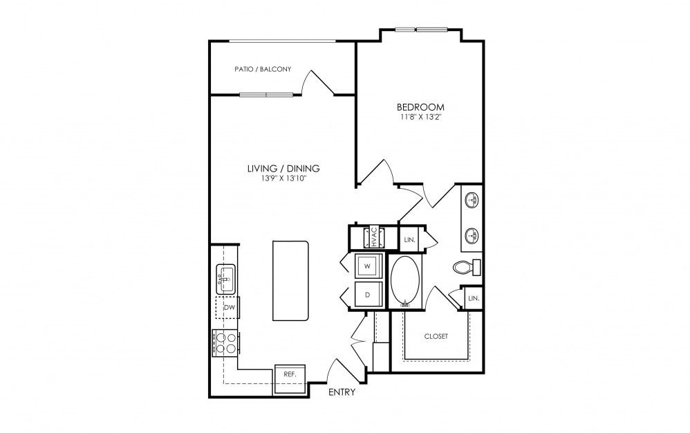 A9 - 1 bedroom floorplan layout with 1 bath and 755 square feet.	