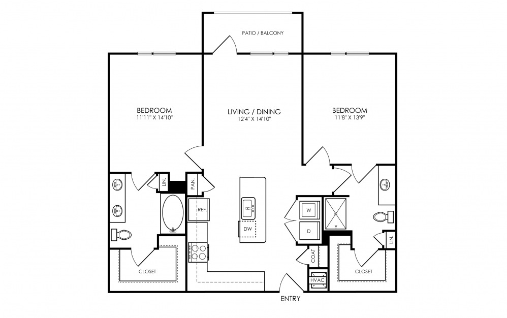 B7 - 2 bedroom floorplan layout with 2 baths and 1166 square feet.