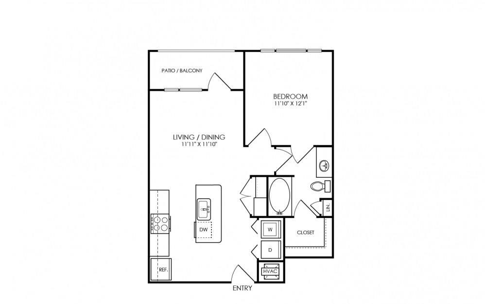 A1 - 1 bedroom floorplan layout with 1 bath and 639 square feet. (2D)
